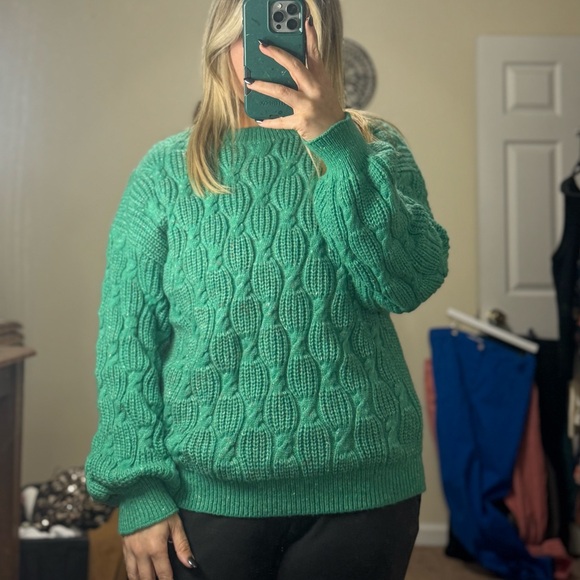 And The Why Sweaters - Green Cable Knit Sweater with hints of color